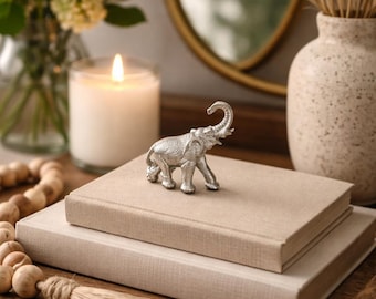 Miniature Pewter Elephant Figurine – Tiny Lucky Elephant Decor – 2” Vintage-Style Animal Statue – Shelf Styling Accent
