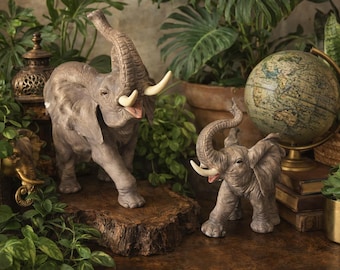 Vintage Ceramic Asian Elephant Figurines (1992) – Trunks Up Good Luck Pair, Worldly Décor