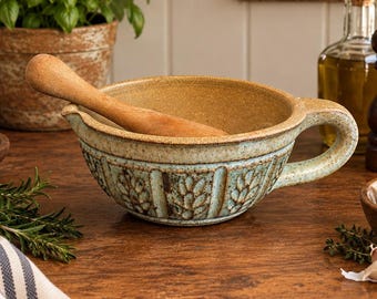 Vintage Handmade Stoneware Mortar and Pestle | Rustic Ceramic Herb Grinder | Embossed Leaf Pottery Bowl with Handle & Spout