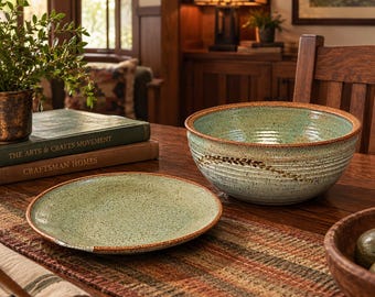Vintage Studio Pottery Bowl & Plate Set | Signed Raphael Ceramic Bowl | Arts Crafts Craftsman Pottery | Spoon Rest | Rustic Green Glaze