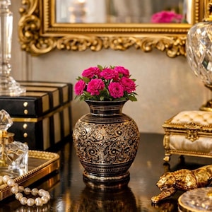 Vintage Indian Black Lacquer Brass Vase with Gold Etching | Hand Engraved Floral Metal Vase | Global Boho Decor | Hollywood Regency Accent