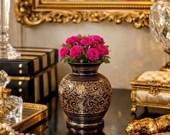 Vintage Indian Black Lacquer Brass Vase with Gold Etching | Hand Engraved Floral Metal Vase | Global Boho Decor | Hollywood Regency Accent