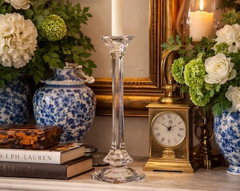 Val St Lambert Crystal Candlestick Holder | Faceted Clear Glass | Elegant Mantel or Table Decor | 11” Crystal Taper Holder