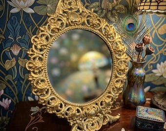 Vintage Robert Emig Art Nouveau Cast Iron Vanity Mirror | Ornate Gold Filigree Standing Table Mirror | Hollywood Regency | Victorian Decor
