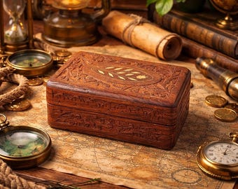 Vintage Indian Hand-Carved Wood Trinket Box with Blue Felt Interior | Global Explorer Decor