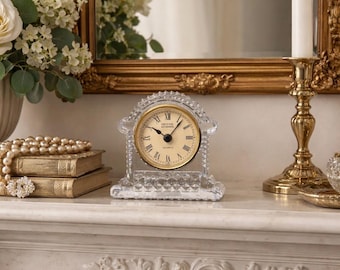 Vintage Crystal Legends by Godinger Lead Crystal Mantel Clock | Small Crystal Desk Clock | Roman Numeral Quartz Clock | Elegant Vanity Shelf