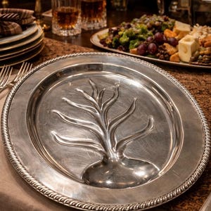 May include: A silver-colored serving platter with a tree-like design in the center. The platter has a decorative rope-like border and is set on a table with other dishes and glasses. The overall theme is dining and entertaining.