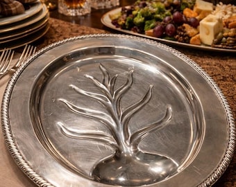 Vintage Silver-Plated Footed Serving Platter | Tree of Life Meat Platter | Oval Rope Rim