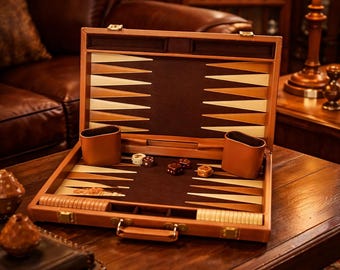 Vintage Leather Backgammon Set | Classic Travel Game Case | Complete with Dice Cups & Instructions | Craftsman Lounge Decor