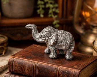 Vintage Silver-Plated Elephant Figurine | Made in India | Patina Finish | Explorer & Global Decor Accent