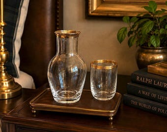 Vintage Gold Rim Bedside Carafe & Water Glass Set | Elegant Guest Room Water Carafe | Mid-Century Glass Decanter | Vanity Nightstand Decor