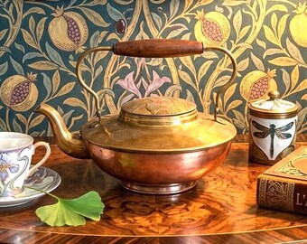 Vintage Copper & Brass Tea Kettle Made in Holland, Wooden Handle, Arts Crafts European Decor, Decorative Dutch Kettle