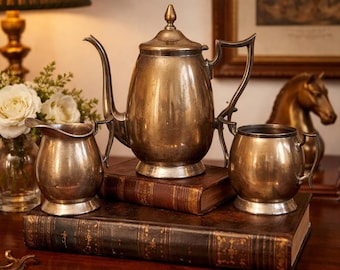 Vintage Sheffield Silver Company Tea Set – Silver-Plated Brass – 3 Piece Coffee & Tea Service – Aged Patina – Equestrian Library Decor