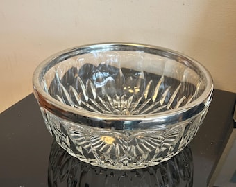 Vintage Cut Glass Bowl with Metal Rim 9” Elegant Tabletop Decor