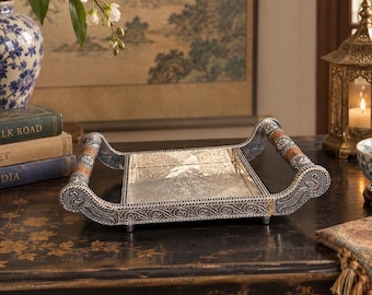 Vintage Indian Silver Tone Tray with Ornate Handles | Hammered Metal Floral Tray | Boho Global Decor | Vanity or Bar Tray | 11 x 7”