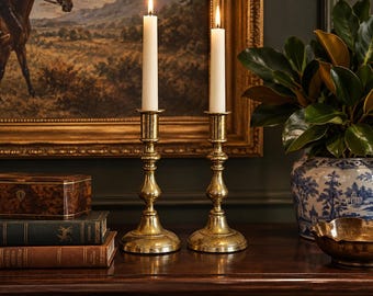 Vintage Brass Candlesticks Pair, 7.5” Antique Patina Candle Holders, Traditional Library Decor, Equestrian Lodge, Mantel Decor