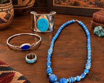 Vintage Southwestern Lapis Lazuli & Turquoise Jewelry Lot | 1970s Lapis Necklace | Mexico 925 Bracelet | Sterling Turquoise Cuff Ring