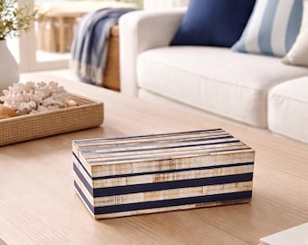 Coastal Inlay Trinket Box – Navy & Natural Striped Decorative Box – Beach House Decor – Jewelry Storage – Coastal Chic Accent