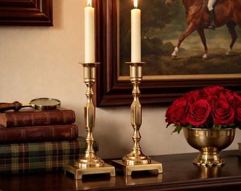 Vintage Brass Tone Candlestick Pair – 8” Classic Taper Holders – Heavy Gold Metal Candle Holders – Traditional Mantel Decor