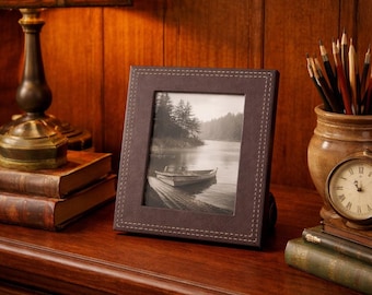 Vera Wang Leather Picture Frame 5x7 – Brown Stitched Frame – Designer Desk Frame – Craftsman Study Decor