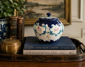 Vintage Blue & White Floral Porcelain Lidded Jar | Hand-Painted Decorative Ginger Jar | Cottage Traditional Decor