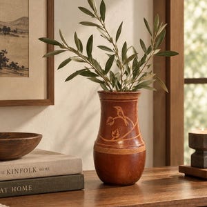 May include: A terracotta-colored vase with a flared rim and a rounded base, featuring an etched design of a bird perched on a vine. The vase contains a green leafy branch with slender, pointed leaves, creating a natural and organic appearance.
