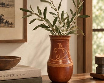 Vintage Indonesian Pottery Vase | Hand Etched Burnished Ceramic | Global Boho Decor | Bird & Botanical Motif | Artisan Home Accent