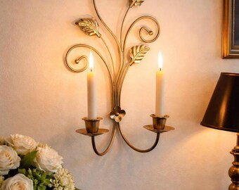 Vintage Brass Wall Sconce with Leaf Motif | Dual Arm Candle Holder | Hollywood Regency / Traditional Decor | Gold Tone Wall Lighting
