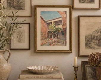 Vintage Marius Hubert-Robert Spanish Courtyard Lithograph | Framed European Art | 1929 L’Espagne