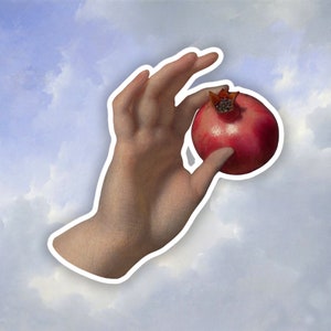 Mano con adesivi con dettagli di pittura di melograno, adesivo estetico rinascimentale