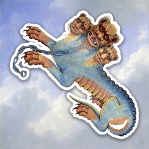 Raar middeleeuwse kunststicker, 3-koppige hondensticker, middeleeuwse memesticker
