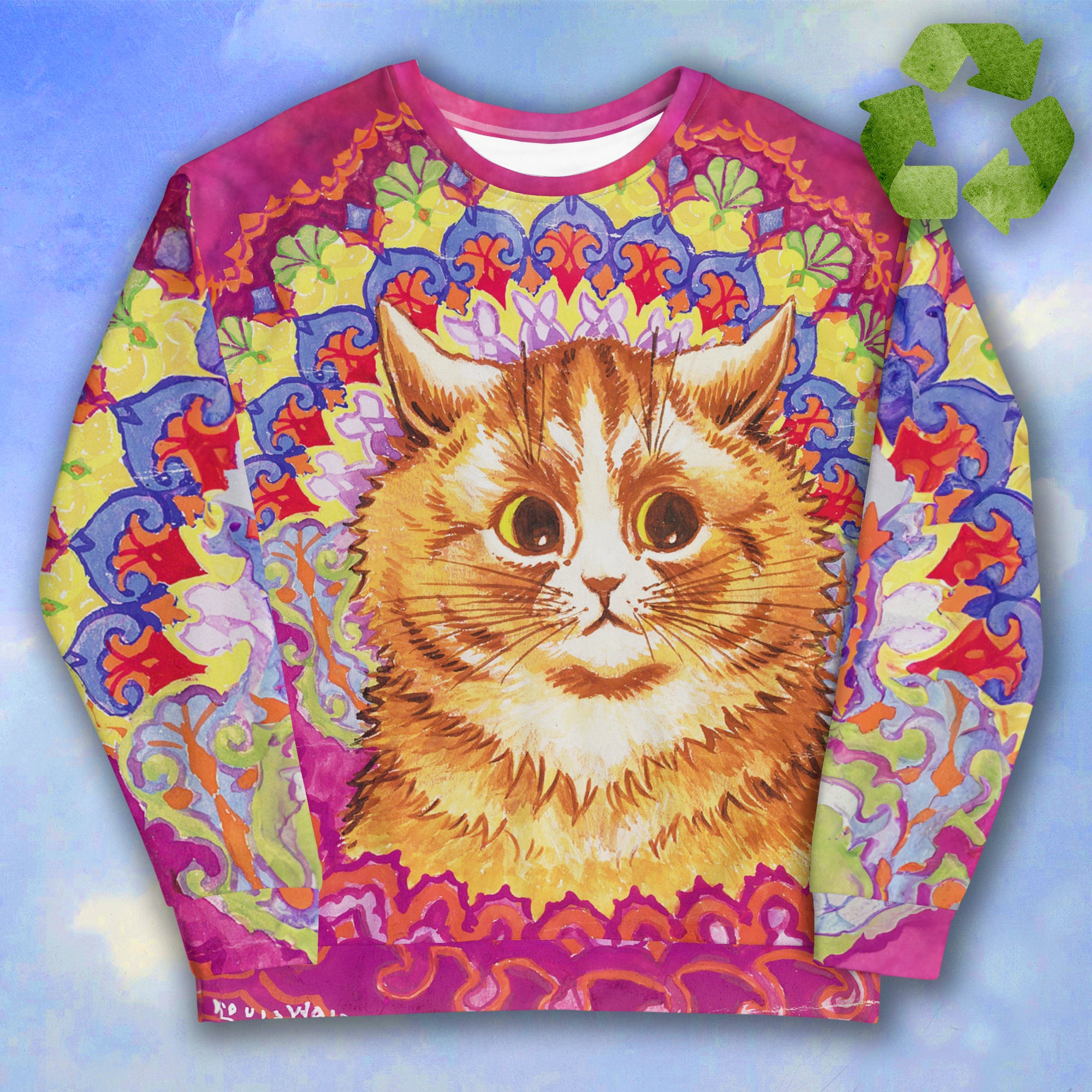 Recycled Unisex Louis Wain Sweatshirt Trippy Cat Art Crewneck