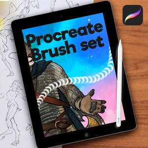 May include: A digital illustration of a tablet screen displaying the text "Procreate Brush set" in black text on a blue, pink, and white background. A white stylus is lying on a wooden surface next to the tablet.