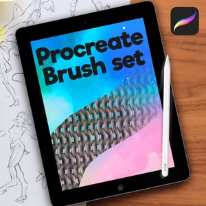 Puede incluir: Una tableta digital que muestra un gráfico colorido con el texto "Procreate Brush set". La tableta está sobre una superficie de madera con un lápiz blanco al lado.