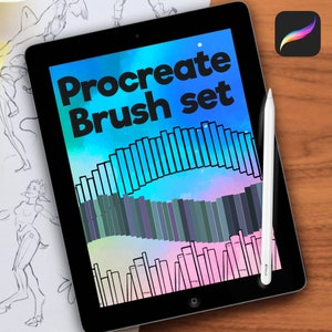 May include: A digital illustration of a Procreate brush set on a tablet screen. The brush set features a variety of brush strokes in different colors and styles. The text "Procreate Brush Set" is displayed in large, bold letters on the screen.