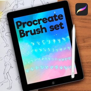May include: A digital tablet displaying a colorful background with the text "Procreate Brush Set" in white letters. The tablet is on a wooden surface with a white stylus next to it.