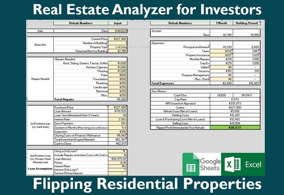 How To Flip Paper Real Estate Flips: Real Estate Flipping Analyzer / Template excel and - Etsy
