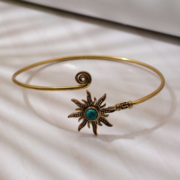 Brass Wrap Bracelet, Turquoise Sun Adjustable Gold Bracelet Bangle, Arm Cuff, Gold Bangle, Grecian Goddess Bracelet, WRAP BRACELET