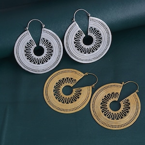 Mandala Earrings, Ethnic Earrings, Tribal Gold Brass Earrings, Boho Jewelry, Hoop Bohemian Earrings, Gift For Women, Hoop Earrings