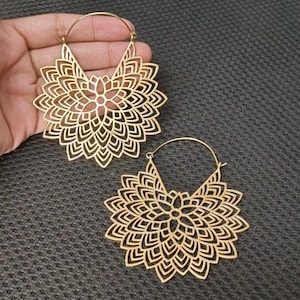 Mandala Flower Brass Hoop Earrings, Filigree Statement Hoops, Dainty Elegant Bohemian Festival Earrings, Gift For Her