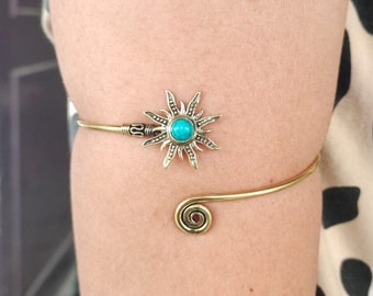 Turquoise Sun Adjustable Gold Arm Bracelet - Tribal Gemstone Crystal Festival Boho Jewelry, Upper arm cuff