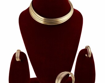 Gold Line Statement Choker Necklace and Cuff Set with African Gold Necklace