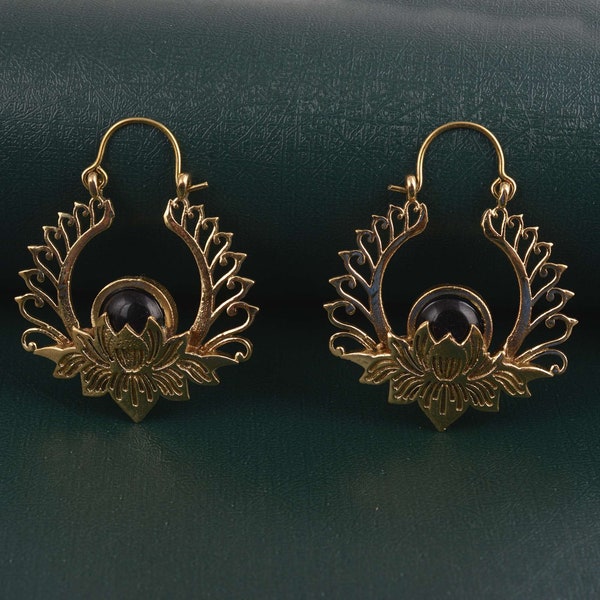 Lotus Earrings,Black Obsidian Earrings,Statement Earrings,Flower Earrings,Boho Earrings,Hoop Earrings,Ethnic Earrings,Stone Earrings,Gift