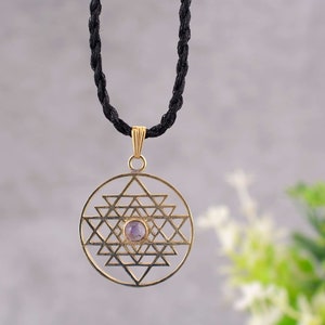 Amethyst Sri yantra Necklace, Mandala Jewelry, Talisman Pendant, Shri Yantra, Sri Yantra Brass Pendant, Sacred Geometry Necklace