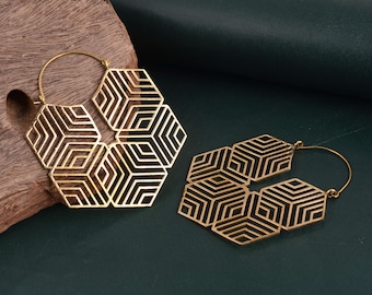 Hexagon Hoop Earrings, Brass Geometric Earrings, Large Hexagon Hoop Earrings, Statement Earrings, Gold Hoop Earrings, Gifts For Her