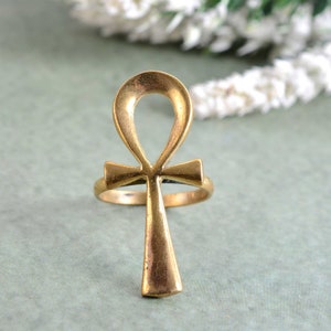 GOUDEN Ankh-ring, kruisring, massief messing ring, Egyptische ring, minimalistische sieraden, Egyptisch Ankh-kruis, handgemaakte ring, sleutel van het leven-ring