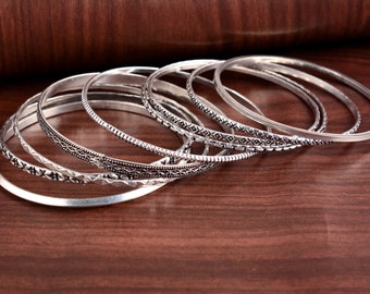 Silver Bangles, 9 Set Design Bangles, Stackable Bangles, Silver Bangle for Her/ him, Handmade Bangles for Gift on Christmas, Jewelry