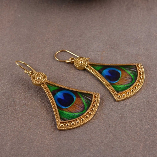 Peacock Feather Earrings, Natural peacock earring, Peacock Feather Jewelry, Boho earring, gift for her, Brass drop earrings