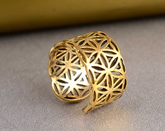 Flower of Life Ring, Brass Ring, Sacred Ring, Symbol Ring, Sacred Geometry, Mandala Ring, Flower of Life Jewelry, Bohemian Ring, Gift
