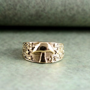 Könnte beinhalten: Ein goldfarbener Ring mit einem Pilz-Design. Der Pilz ist von kleinen Sternen und anderen Details umgeben.